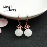S925 Silver Hetian Jade Round Ear Hook Earrings Charm Women Jewelry Gift