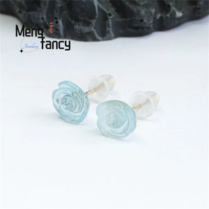 S925 Silver Aquamarine Crystal Earrings Flower Retro Charm Gift