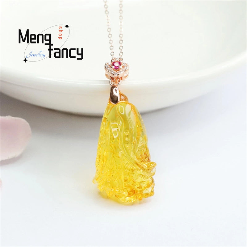 S925 Silver Inlaid Pearl Amber Cabbage Necklace Women Jewelry