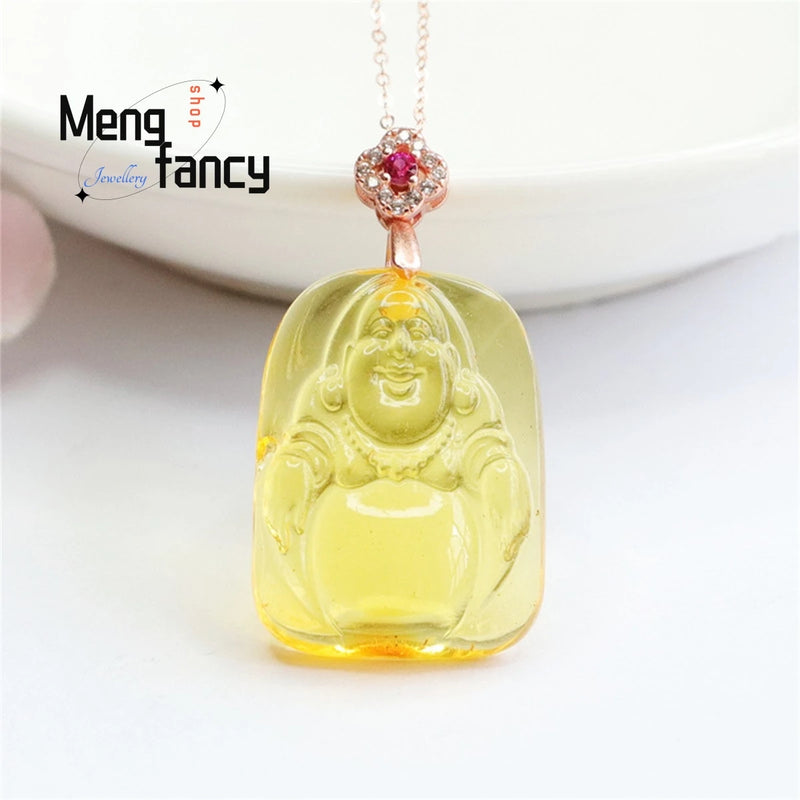 S925 Silver Golden Amber Buddha Maitreya Square Pendant