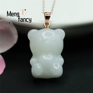 S925 Silver Inlaid Hetian Jade Bear Necklace for Women