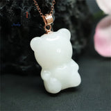 S925 Silver Inlaid Hetian Jade Bear Necklace for Women
