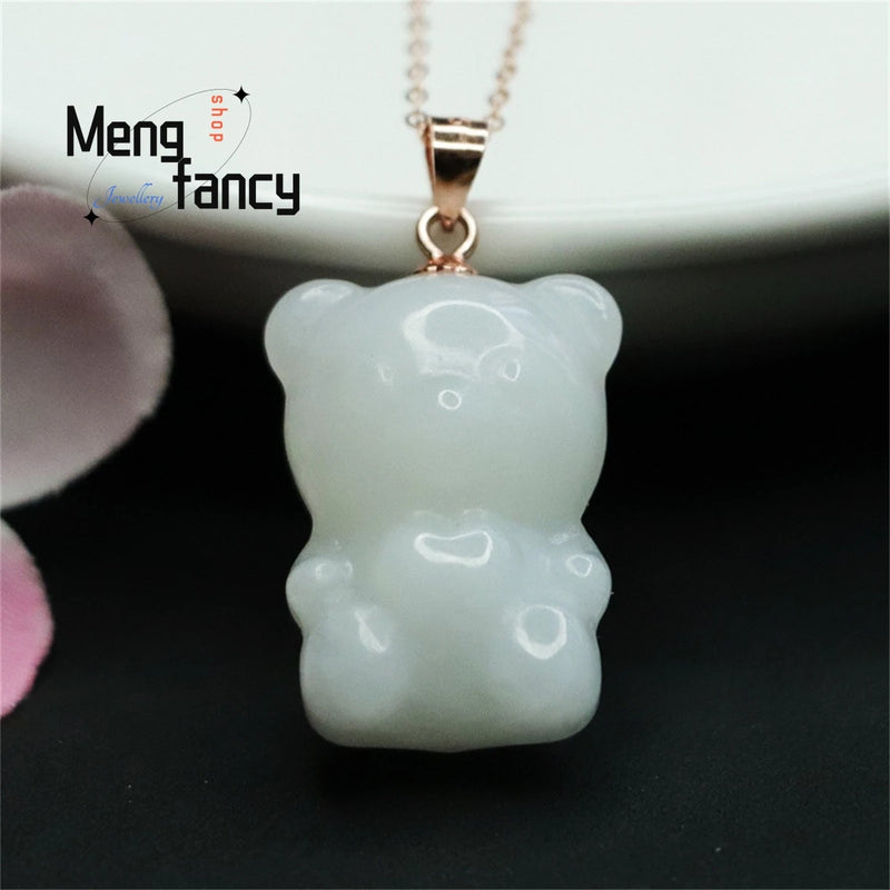 S925 Silver Inlaid Hetian Jade Bear Necklace for Women