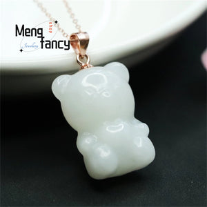 S925 Silver Inlaid Hetian Jade Bear Necklace for Women
