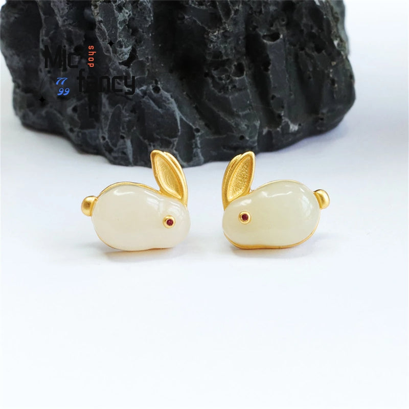 S925 Silver Hotan Sheepskin Jade Rabbit Earrings Romantic Gift