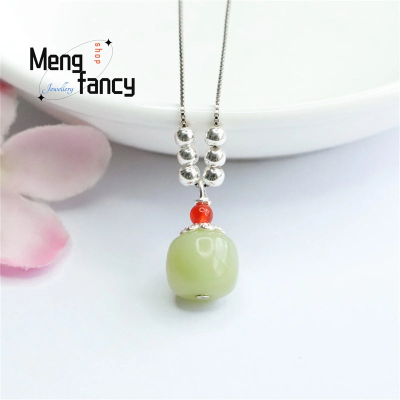 S925 Silver Hotan Jade Barreled Beads Lutong Necklace