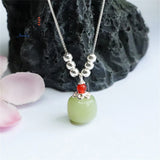 S925 Silver Hotan Jade Barreled Beads Lutong Necklace