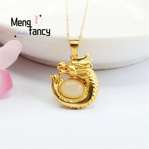 S925 Silver Hotan Jade Dragon Oval Necklace Pendant