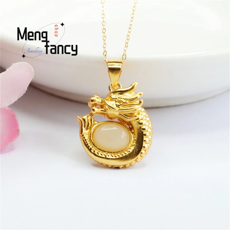 S925 Silver Hotan Jade Dragon Oval Necklace Pendant