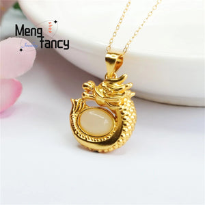 S925 Silver Hotan Jade Dragon Oval Necklace Pendant