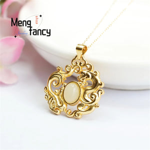 S925 Silver & Hotan Jade Dragon Phoenix Necklace Pendant