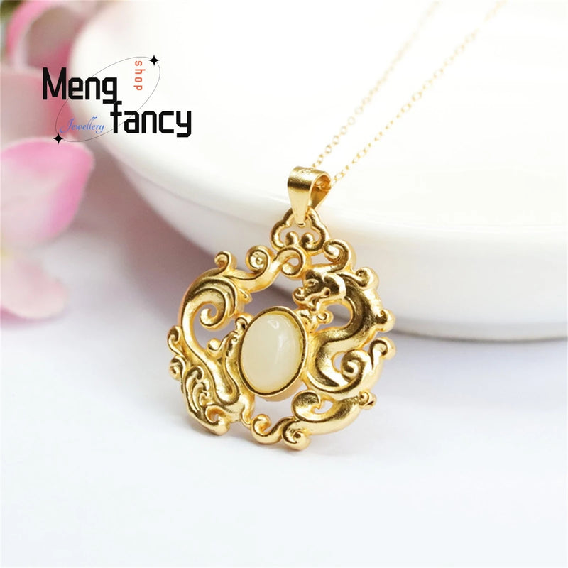 S925 Silver & Hotan Jade Dragon Phoenix Necklace Pendant