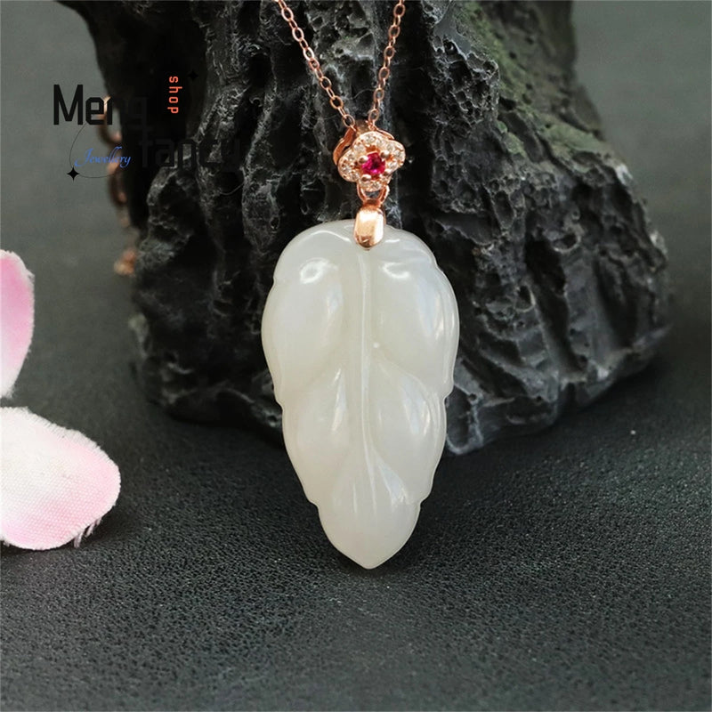 S925 Silver Hotan Jade Leaves Golden Pendant Women Fine Jewelry