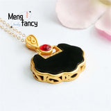 S925 Silver Hetian Ink Jade Ruyi Lock Necklace Women Jewelry
