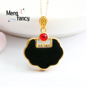 S925 Silver Hetian Ink Jade Ruyi Lock Necklace Women Jewelry