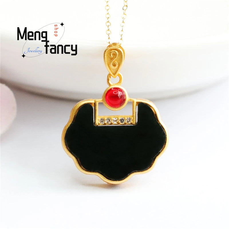 S925 Silver Hetian Ink Jade Ruyi Lock Necklace Women Jewelry