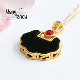 S925 Silver Hetian Ink Jade Ruyi Lock Necklace Women Jewelry