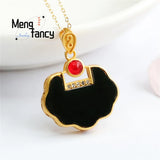 S925 Silver Hetian Ink Jade Ruyi Lock Necklace Women Jewelry