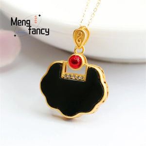 S925 Silver Hetian Ink Jade Ruyi Lock Necklace Women Jewelry