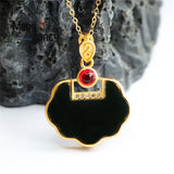 S925 Silver Hetian Ink Jade Ruyi Lock Necklace Women Jewelry