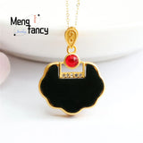 S925 Silver Hetian Ink Jade Ruyi Lock Necklace Women Jewelry