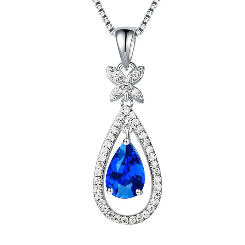 Sapphire S925 Sterling Silver Pendant Necklace Water Drop Jewelry
