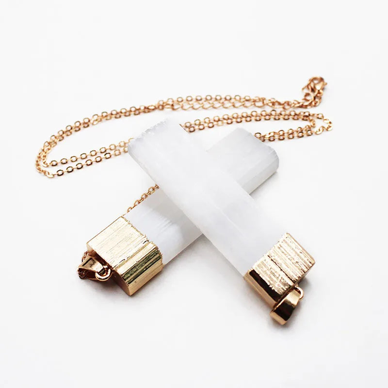 Natural Selenite Pendant Pendulum Column Healing Point Clear Stone Necklace