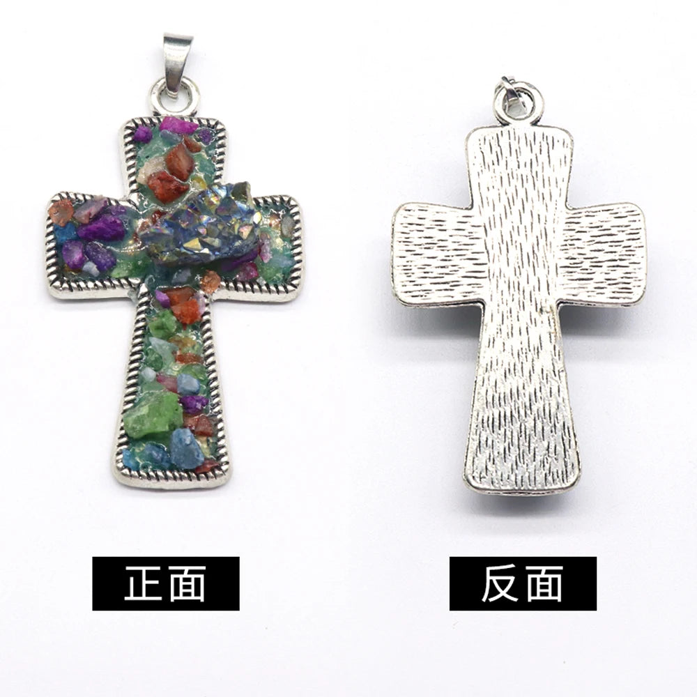 Amethyst Agate Crystal Stone Cross Pendant Necklace Charm Jewelry