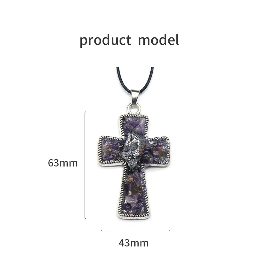 Amethyst Agate Crystal Stone Cross Pendant Necklace Charm Jewelry