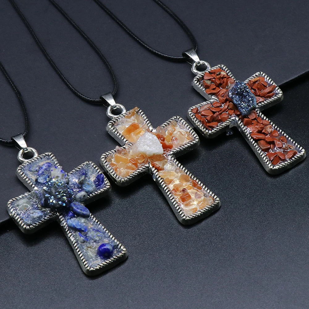 Amethyst Agate Crystal Stone Cross Pendant Necklace Charm Jewelry