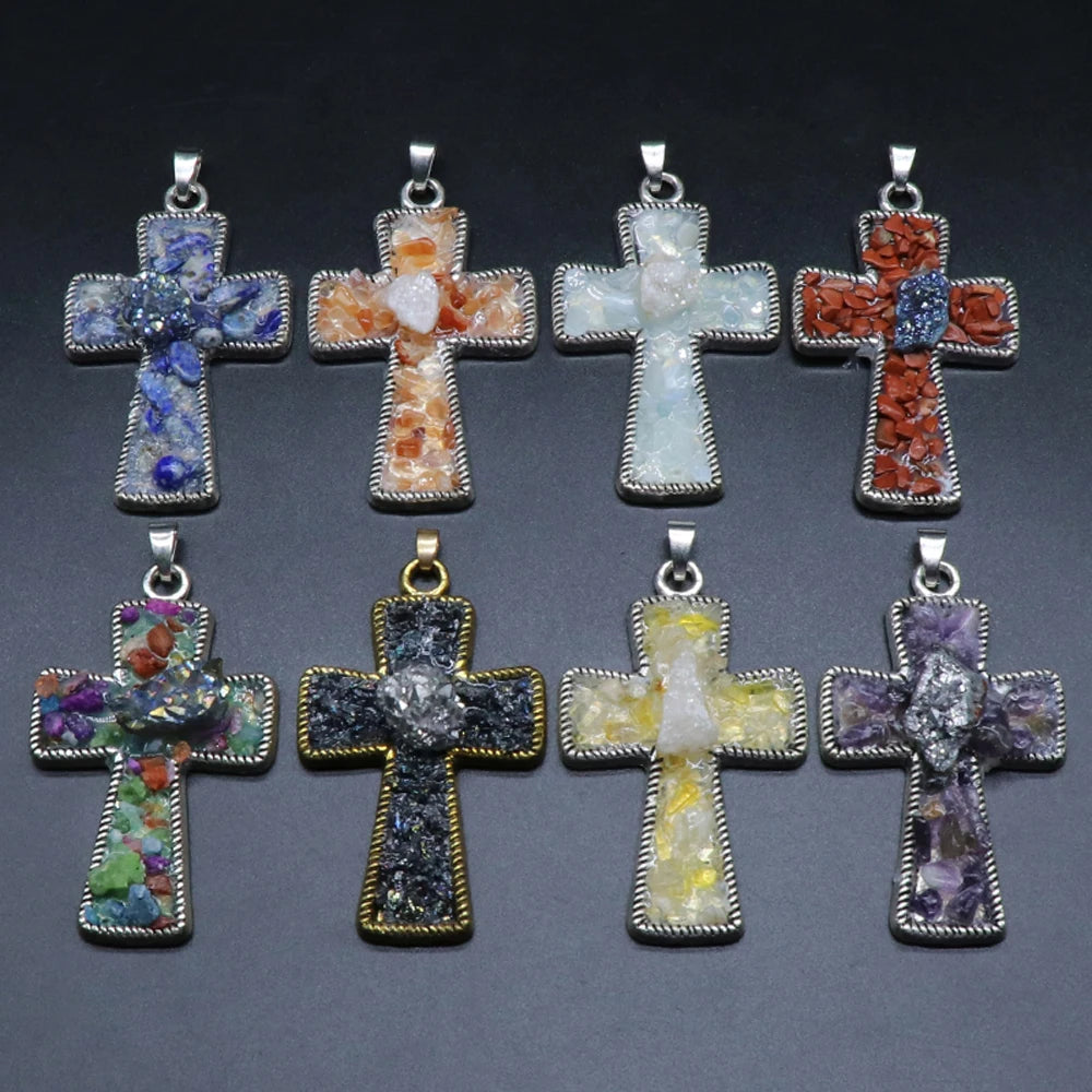 Amethyst Agate Crystal Stone Cross Pendant Necklace Charm Jewelry