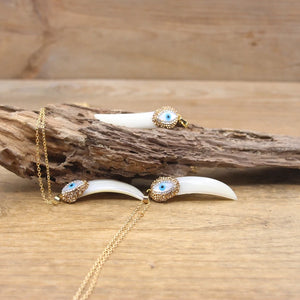 Shell Pave Rhinestone Evil Eye Horn Pendant Necklace