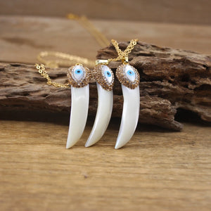 Shell Pave Rhinestone Evil Eye Horn Pendant Necklace