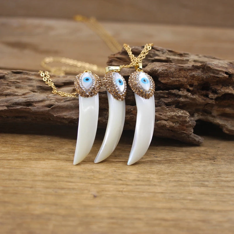 Shell Pave Rhinestone Evil Eye Horn Pendant Necklace