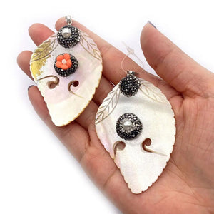Natural Shell Butterfly Leaf Pendant Inlaid Rhinestone Pearl Charm DIY Jewelry