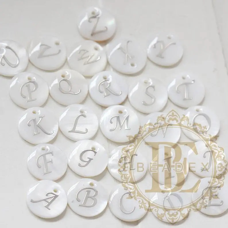 Natural Shell Alphabet Charm Round 15mm B203