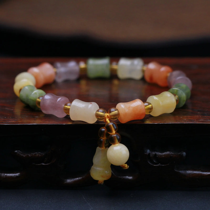 Natural Silk Agate Bamboo Beads Bracelet Women Bangle Lucky Charm Gourd Pendant