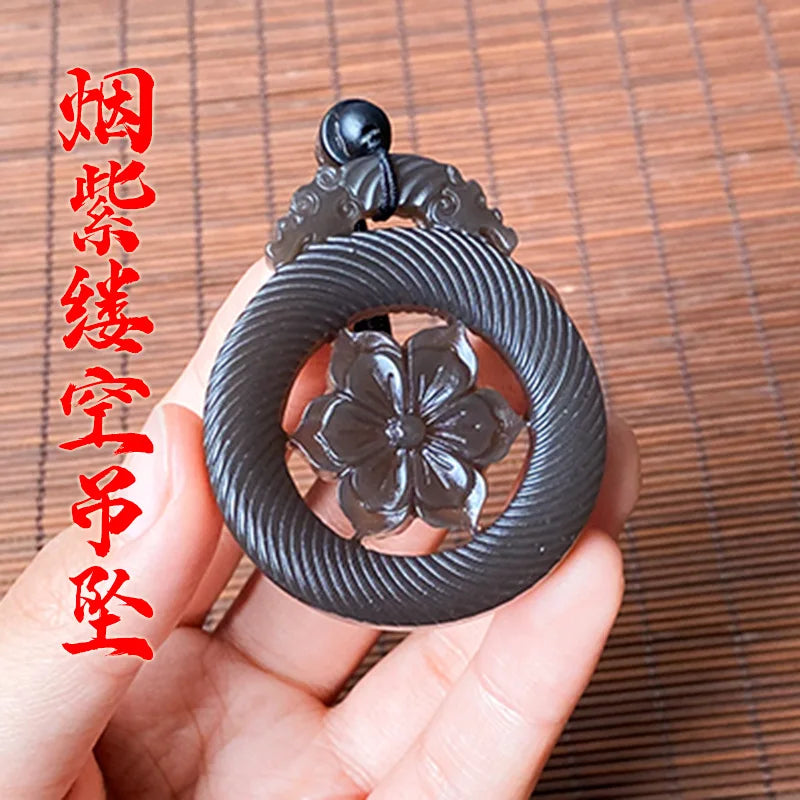 Smoke Purple Hollow Carved Floral Jade Pendant Necklace