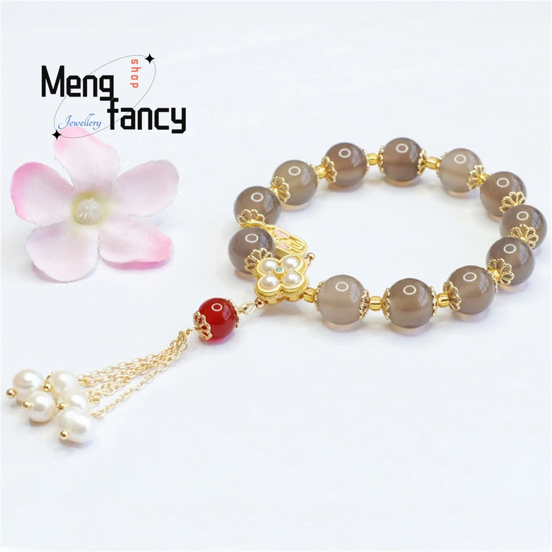 Natural Smoky Purple Chalcedony Agate Pearl Fairy Tassel Beads Bracelet