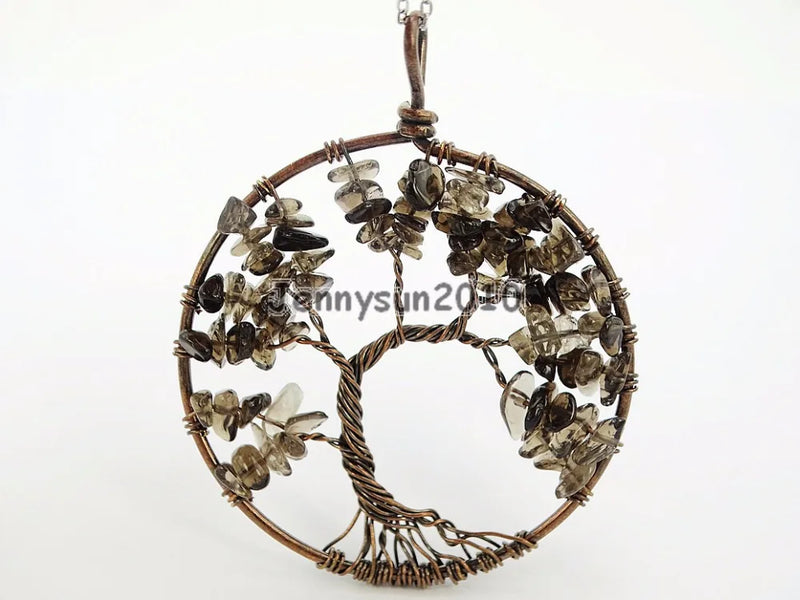 Smoky Quartz Chips Tree of Life Pendant Necklace Set