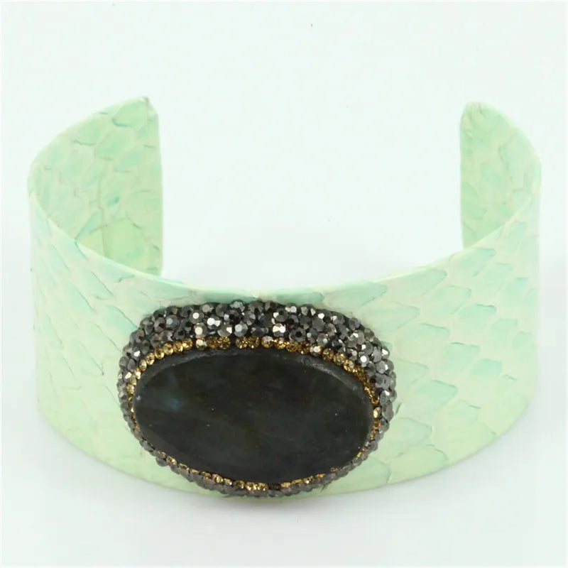 Snakeskin Bangle with Rhinestone Charm Statement Leather Bangle