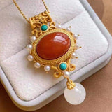 Natural Red Agate 925 Silver Pearl Turquoise Pendant Necklace