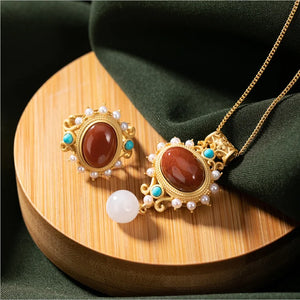 Natural Red Agate 925 Silver Pearl Turquoise Pendant Necklace
