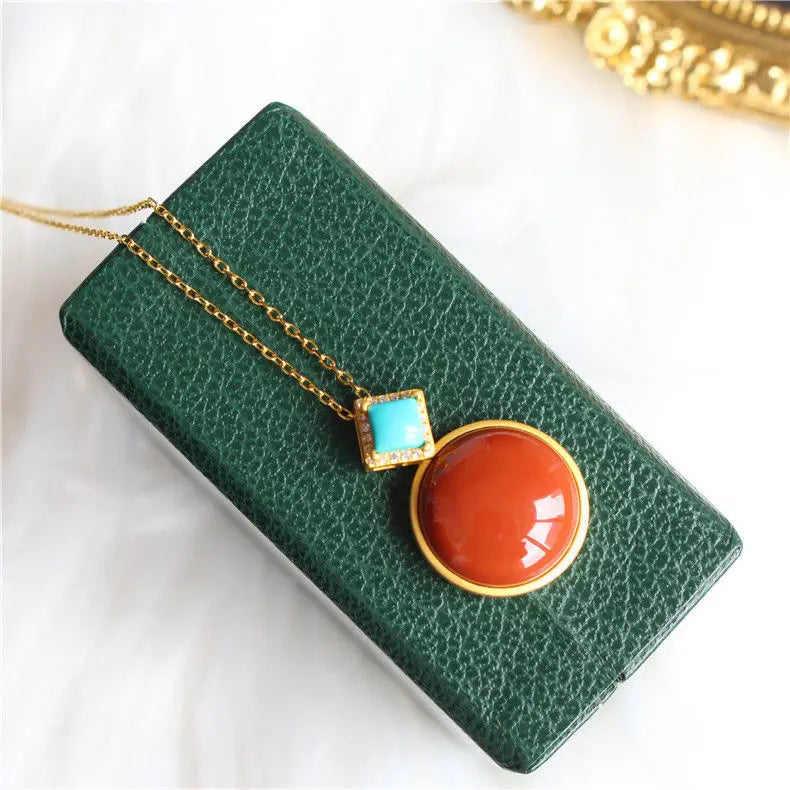 S925 Silver Turquoise Peace Buckle High-Grade Women's Sweater Chain Pendant