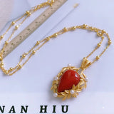 South Red Agate Charm Pendant Pearl Necklace