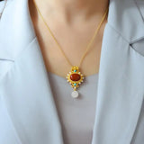 Natural South Red Pendant Ring Set Freshwater Pearl Green Pine Sterling Silver