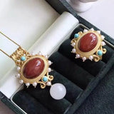 Natural South Red Pendant Ring Set Freshwater Pearl Green Pine Sterling Silver