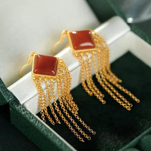 Natural South Red Chalcedony Tassel Earrings, Chinese Retro Court Unique Craft
