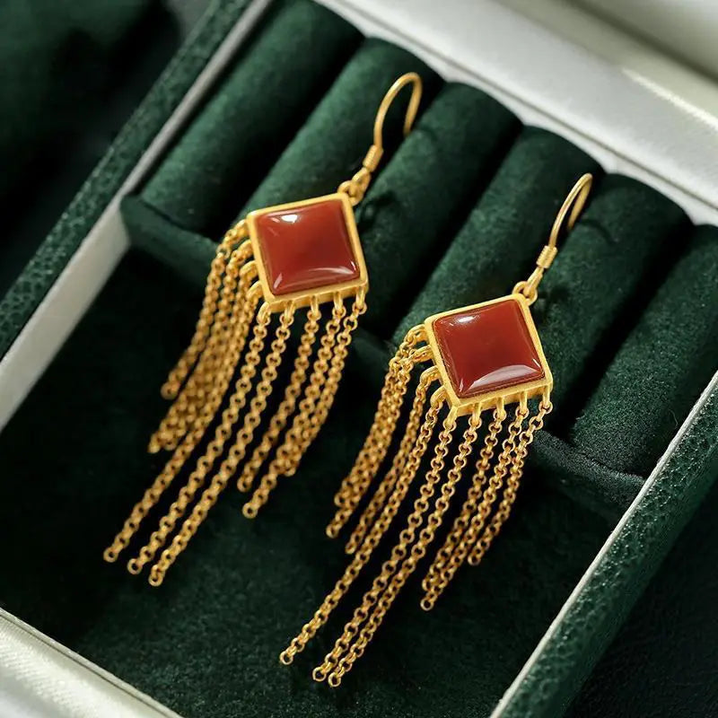 Natural South Red Chalcedony Tassel Earrings, Chinese Retro Court Unique Craft