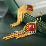Natural South Red Chalcedony Tassel Earrings, Chinese Retro Court Unique Craft